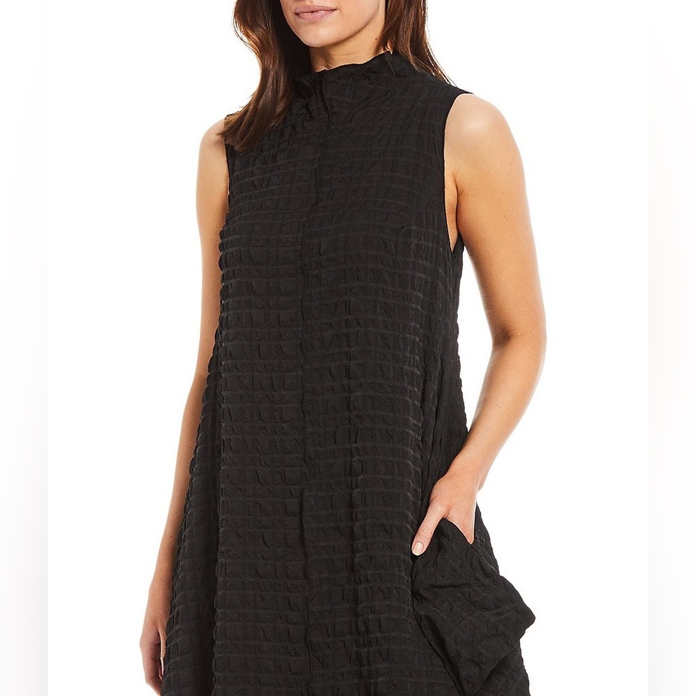 IC Collection Textured Bubble Check Mock Neck Swing Waistless Midi Dress S NWOT - Picture 3 of 14